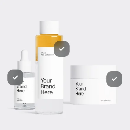 Hautpflege-Flaschenset mit der Aufschrift „Your Brand Here“ und einer Farbmuster-Auswahloberfläche.