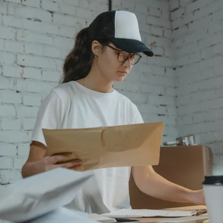 Person mit Mütze öffnet ein verschicktes Paket.