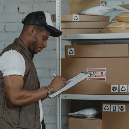 Lagermitarbeiter mit Mütze überprüft einen Versandkarton anhand einer Checkliste in einem Fulfillment-Zentrum.
