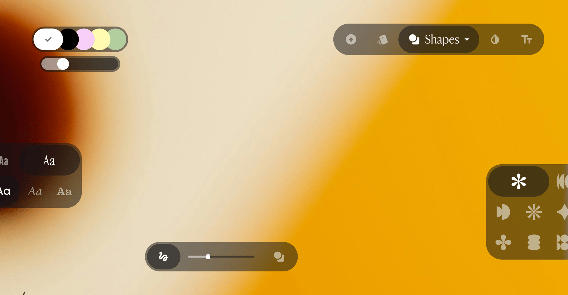 Quick Design controls for colours, fonts, shapes and text over a warm gradient