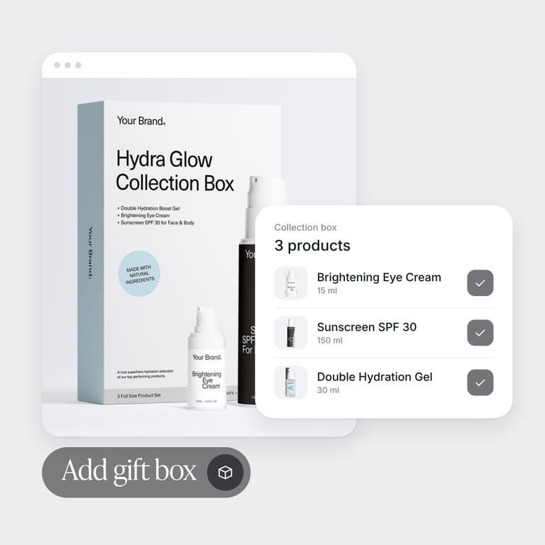A Hydra Glow collection box with three Selfnamed products and an Add gift box button