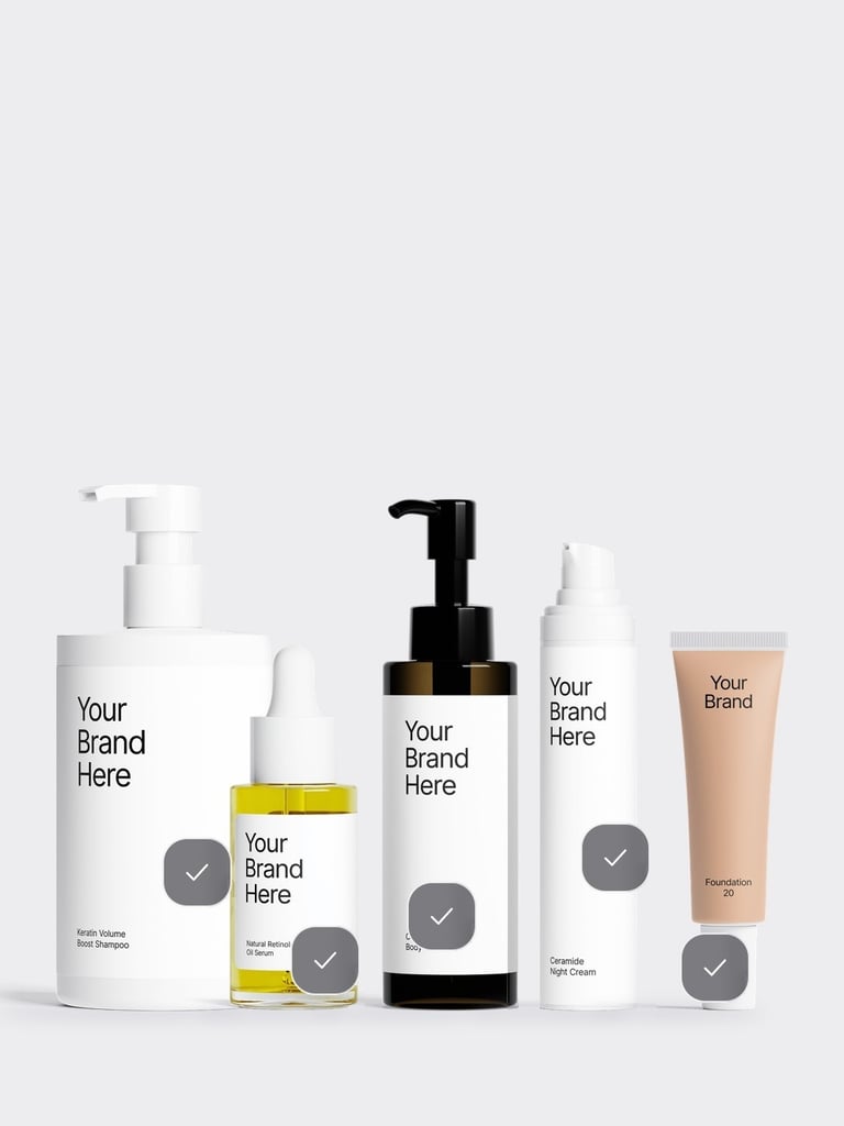 Selfnamed hair, face, body and makeup products with Your Brand Here labels