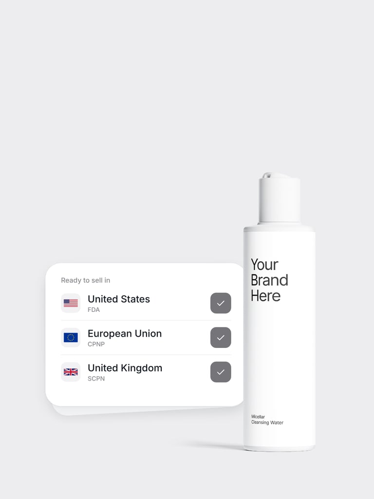 A Selfnamed bottle next to a Ready to sell card for the United States, European Union and United Kingdom