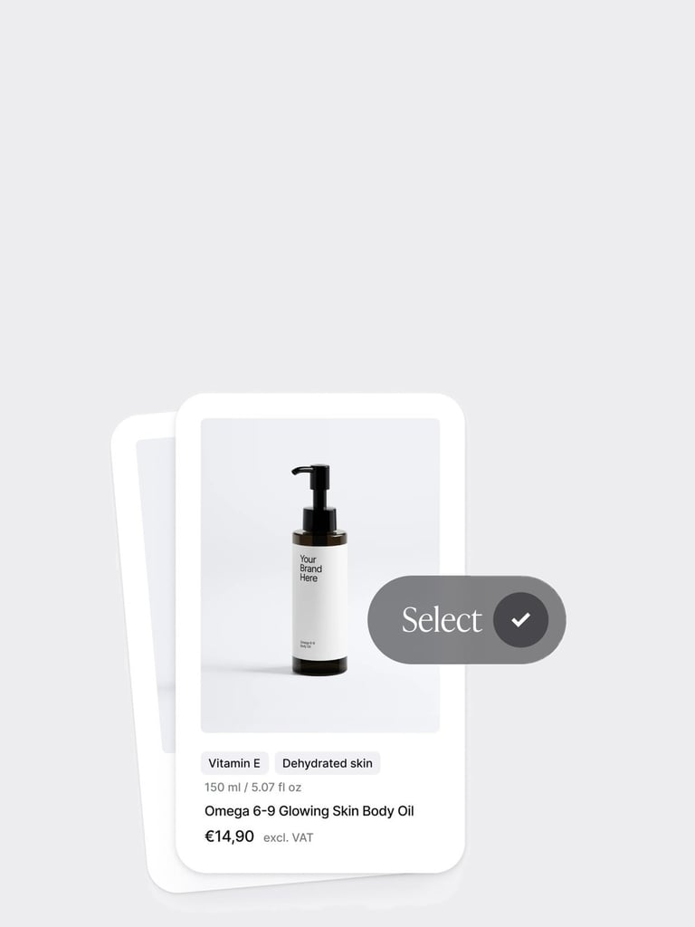 A Selfnamed catalog card for a body oil tagged Vitamin E and Dehydrated skin