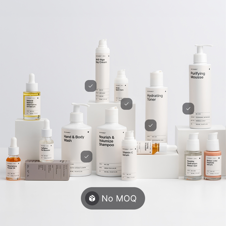 Un échantillon de produits cosmétiques en marque blanche parmi lesquels choisir