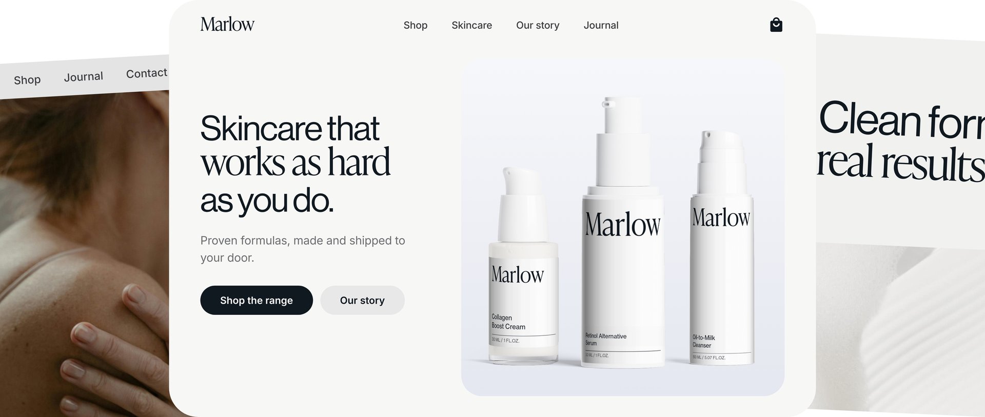 Shop von Marlow, einer Beispiel-Hautpflegemarke, mit Reinigungsgel, Serum und Creme mit dem Marlow-Etikett in einem Shopify-Shop