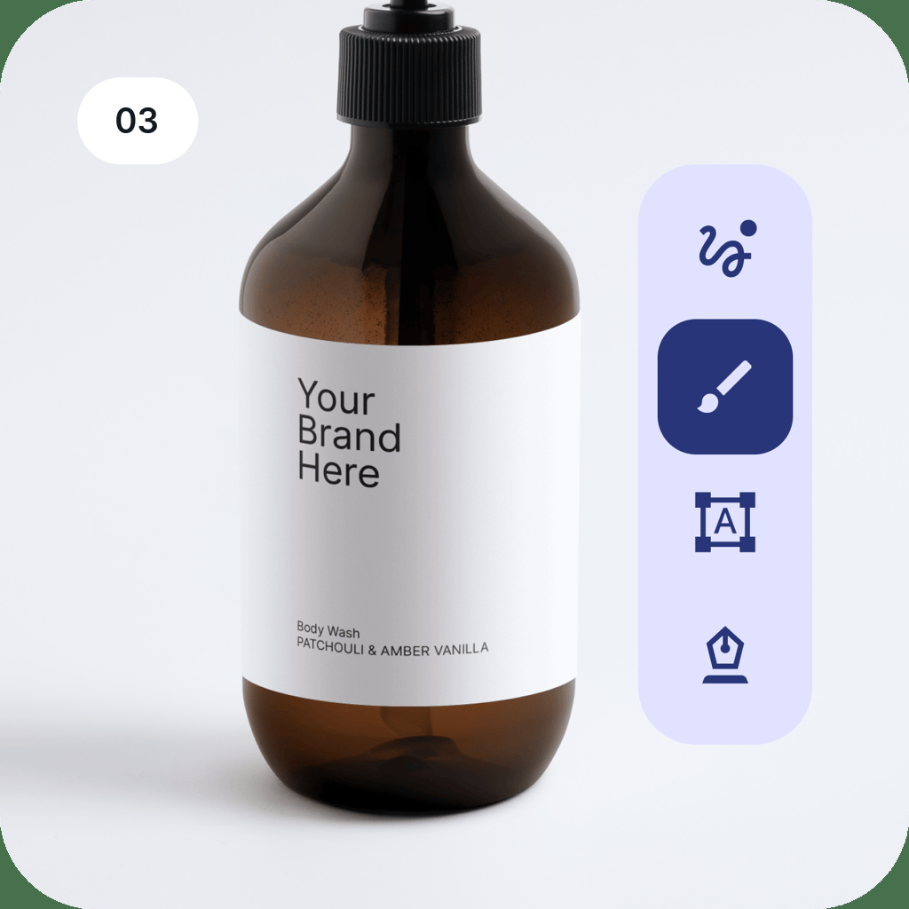 Eine Flasche mit dem Etikett Your Brand Here neben den Bearbeitungswerkzeugen des Design Studio